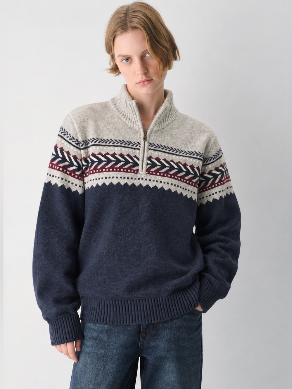 Original Weatherproof Vintage Fair Isle Quarter Zip Sweater Navy M NWOT